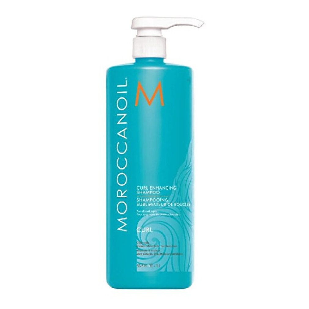 Türkiser Pumpspender mit Moroccanoil Curl Enhancing Shampoo.