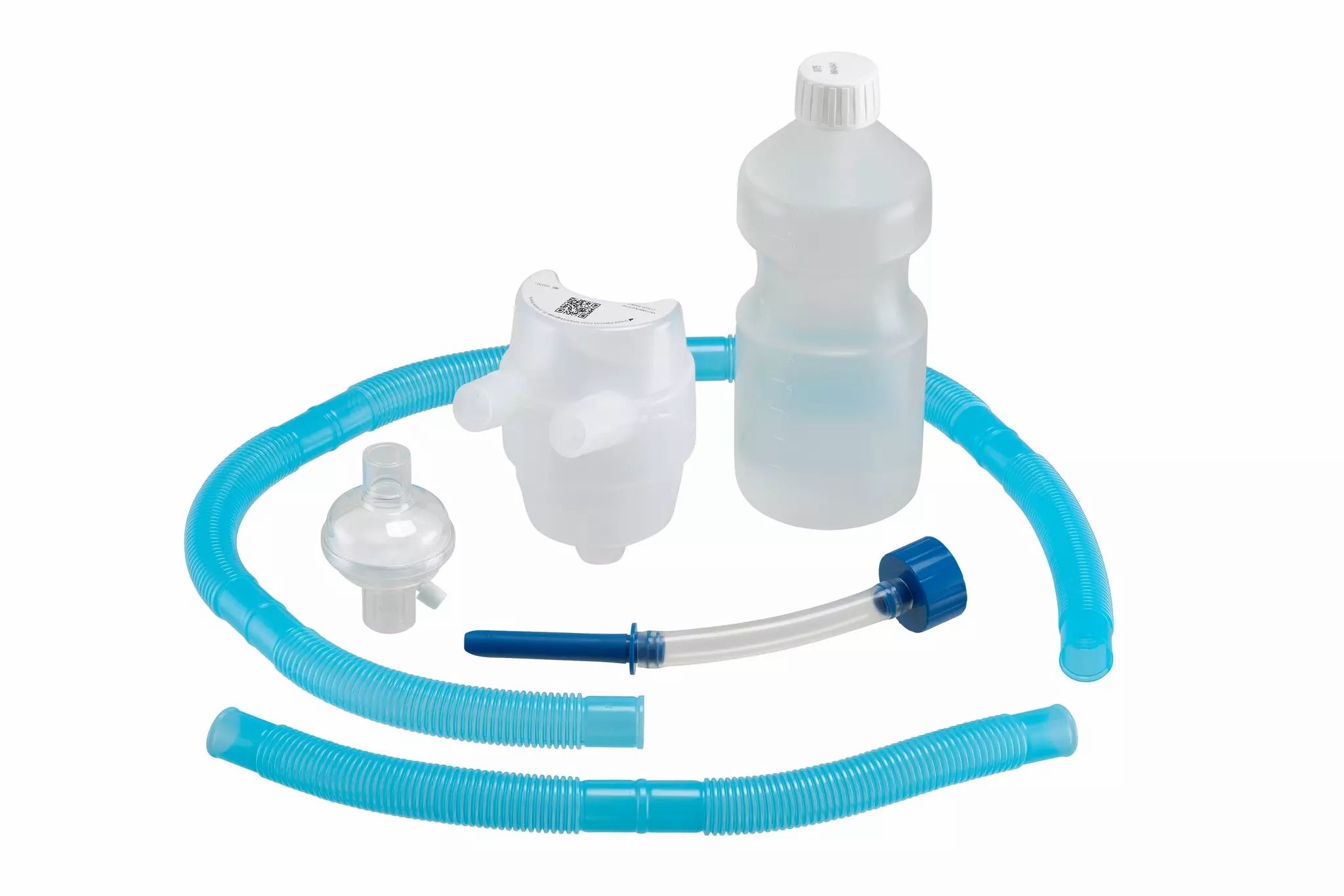 Medizinischer Schlauch-Kit mit Filter, Behälter und blauem Wellschlauch.