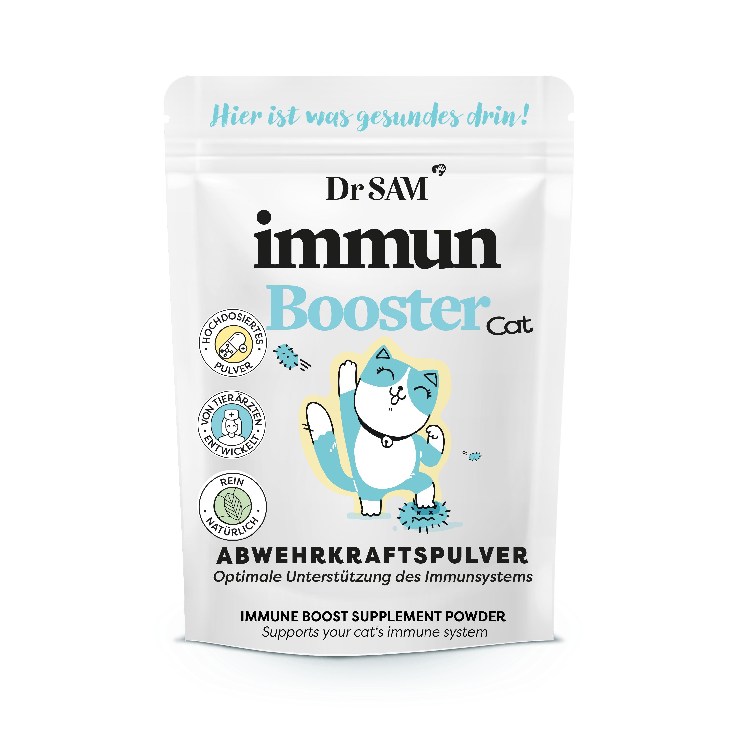 Weiße Beutelpackung mit "Dr. SAM Immun Booster Cat"-Logo und Katze-Illustration. Text: "Abwehrkraftpulver".