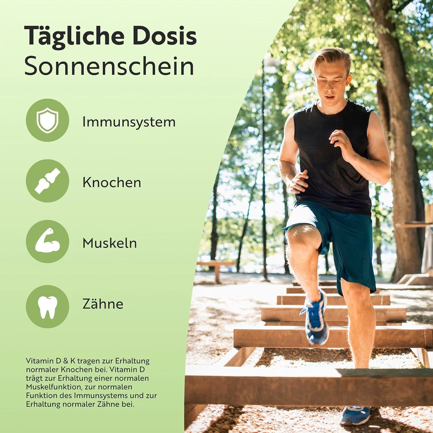 Mann läuft Treppen hoch, unterstützt Immunsystem, Knochen, Muskeln, Zähne durch Vitamin D & K.