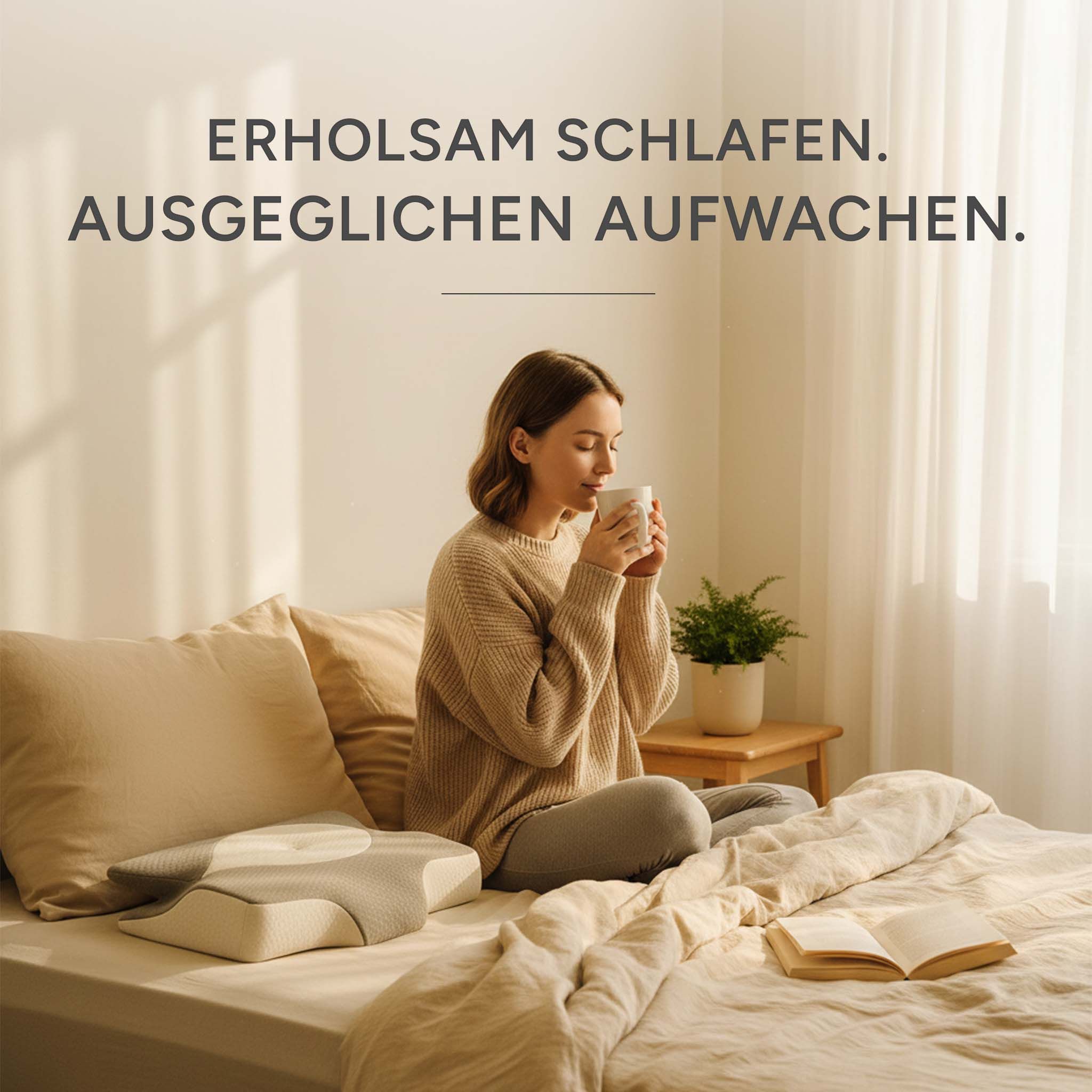 Frau sitzt auf einem Bett mit einem Nackenkissen und trinkt eine Tasse, mit Buch und Pflanze.