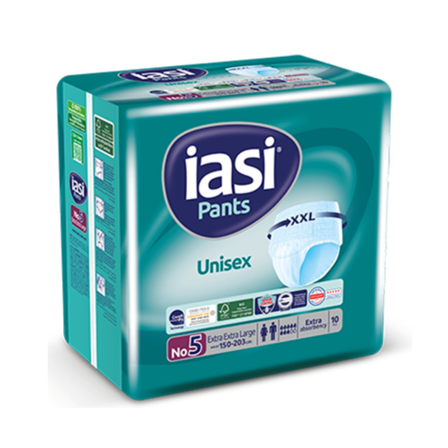 Verpackung IASI Pants Unisex, Größe XXL. Türkis-weiß. Aufdruck: IASI, Pants, Unisex, Größe 5, Extra Large, 150-203cm, Extra Absorption, 10 Stück.