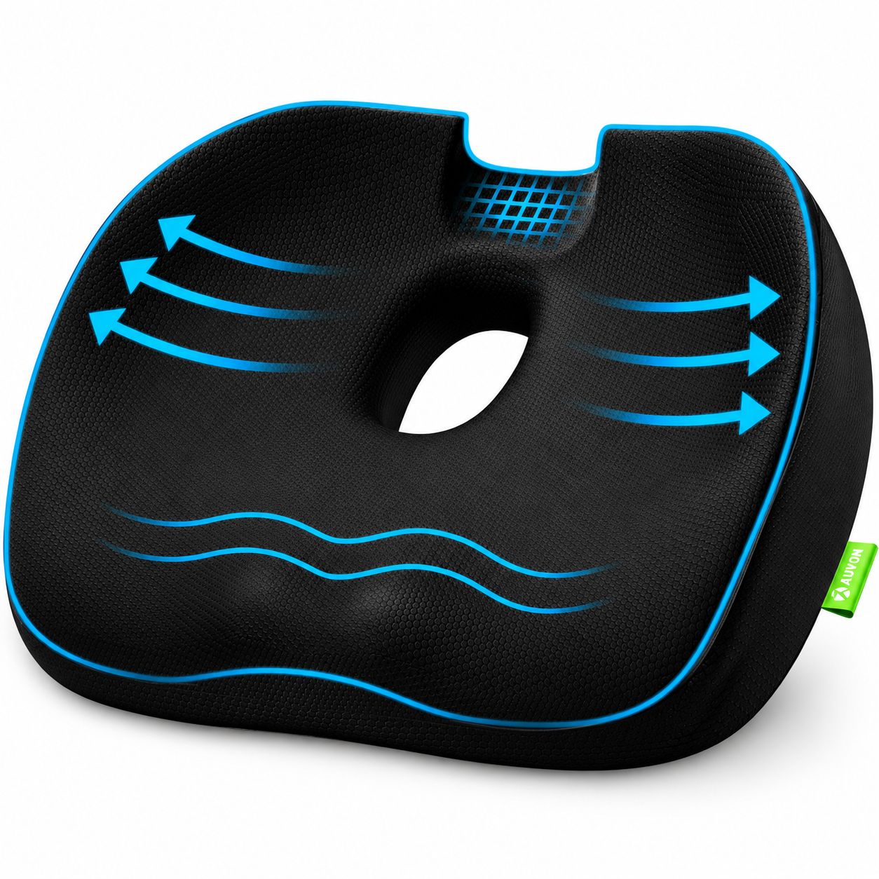 Ergonomisches Sitzkissen mit Belüftungsmuster und U-förmiger Aussparung.
