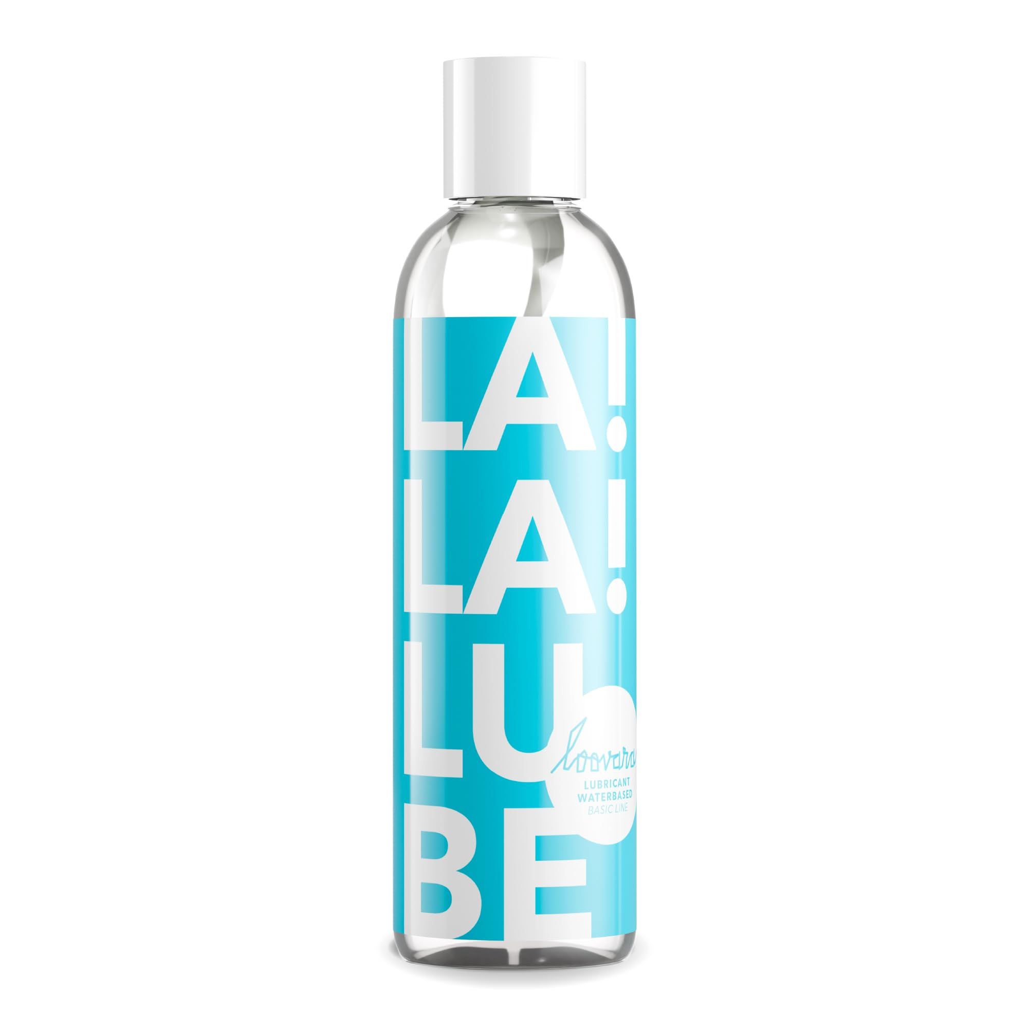 LOOVARA LALALUBE Gleitgel in durchsichtiger Flasche mit weißem Verschluss und blauem Etikett.
