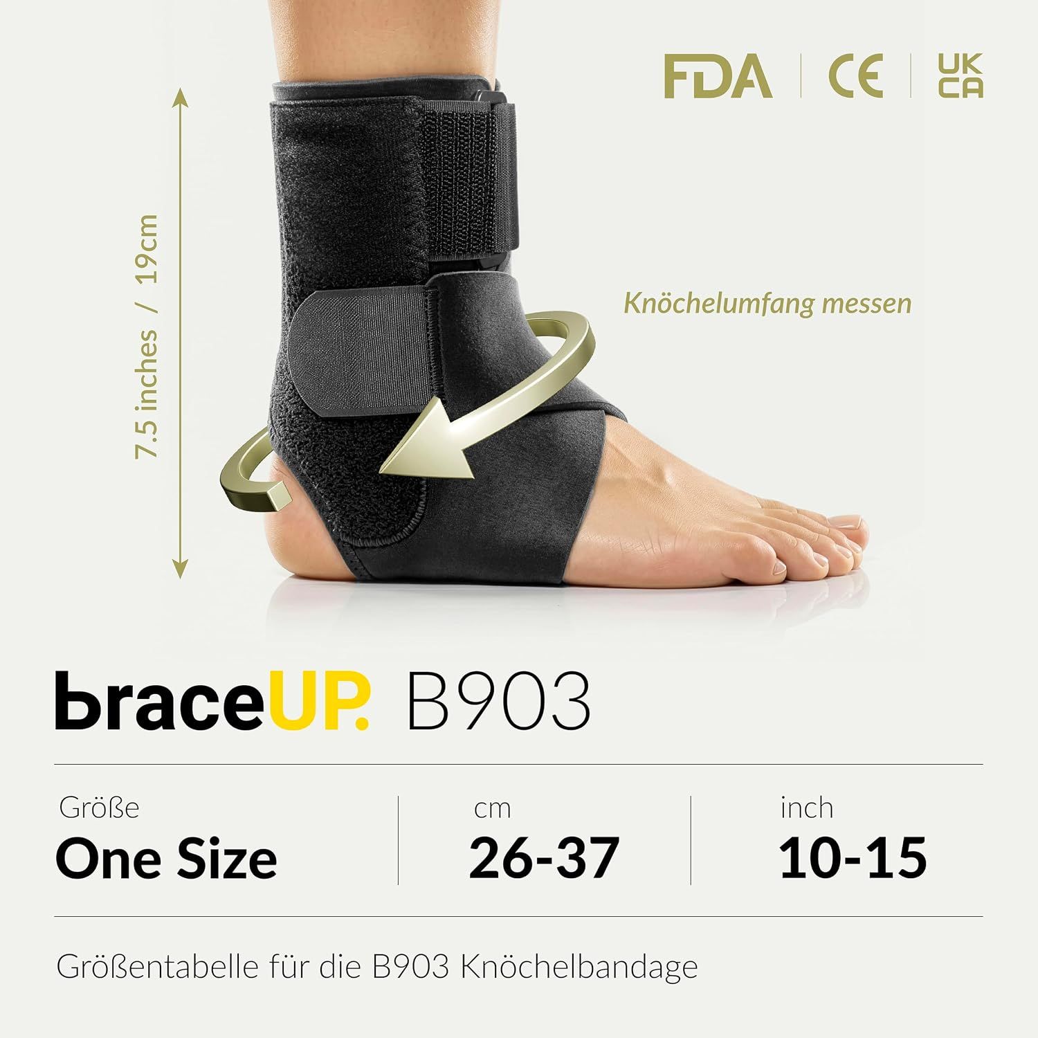 Schwarze Knöchelbandage mit Klettverschlüssen, Größenangabe und Zertifizierungen.