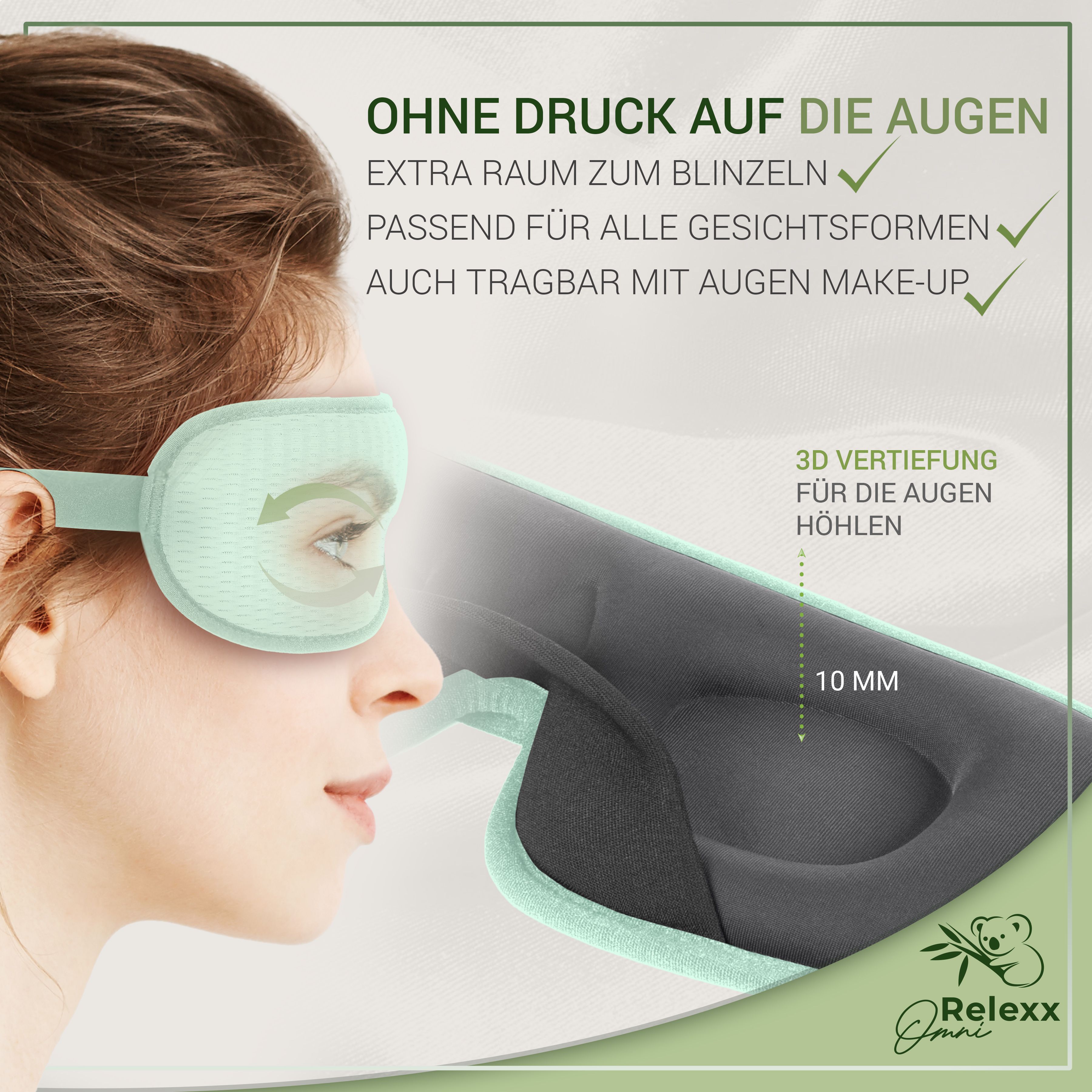 Profil einer Frau mit Schlafmaske. 3D-Vertiefung für Augenhöhlen. 10 mm. Ohne Druck auf die Augen. Logo Relexx Omni.