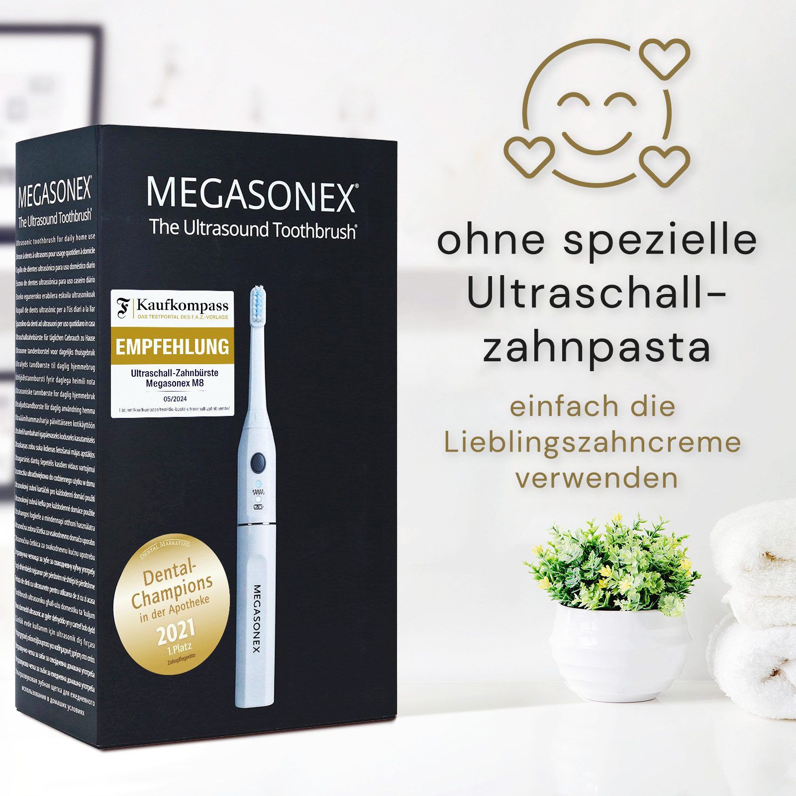 Zahnbürste in Verpackung. Auf der Verpackung steht MEGASONEX und Kaufkompass Empfehlung. Auf der Verpackung ist die Zahnbürste abgebildet.