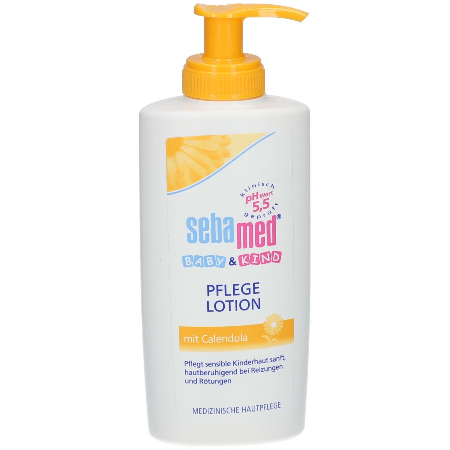 Weiße Flasche mit gelbem Pumpkopf. Aufschrift: sebamed BABY & KIND PFLEGE LOTION. Mit Calendula. Klinisch getestet pH 5,5.