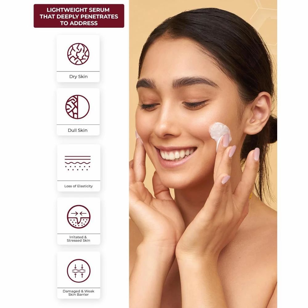 Frau trägt Serum auf. Text: Leichte Serum, das tief eindringt. Grafiken zeigen Hautprobleme: Trockenheit, Mattheit, etc.