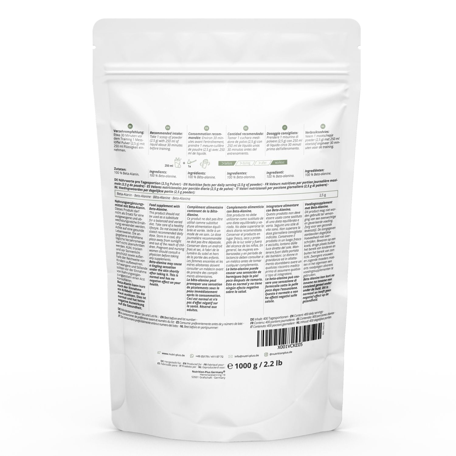 Weiße Verpackung mit Text. Rückseite mit Informationen in verschiedenen Sprachen. Enthält 1000 g/2,2 lb.