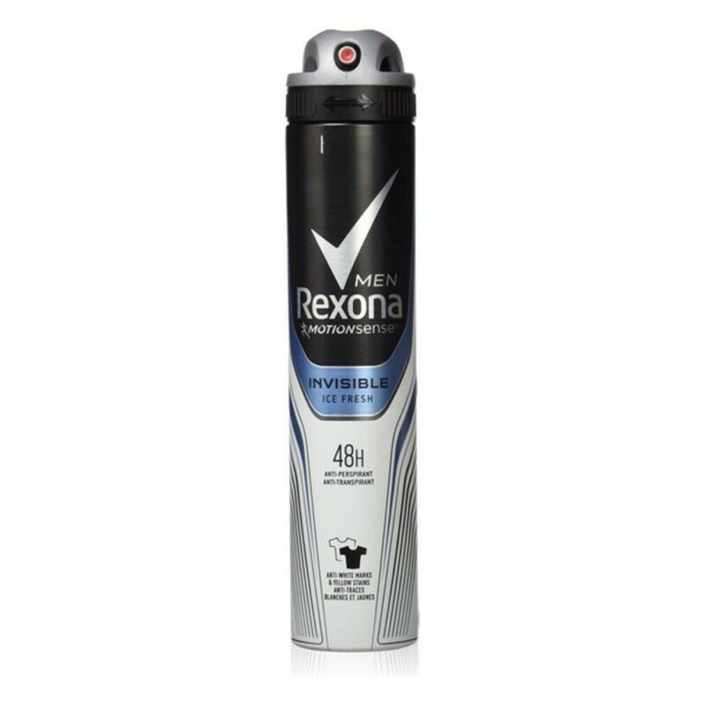 Deospray Rexona Invisible Ice Fresh für Männer. Schwarz-weiß-blaue Dose. Enthält 48h Anti-Transpirant. Logo und Produktname sichtbar.