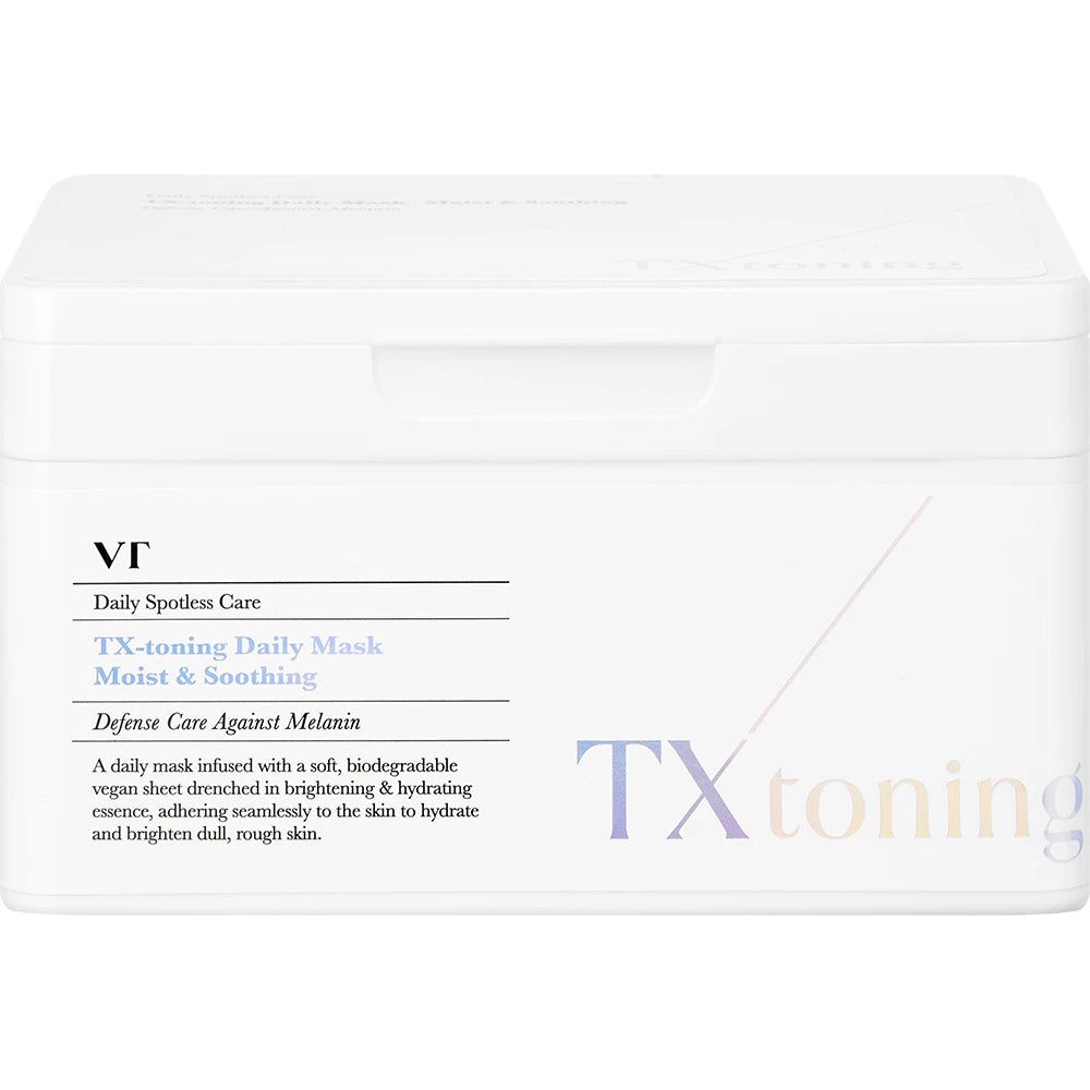 VT COSMETICS TX-Toning Tagesmaske: Weiße Verpackung mit blauen und lila Akzenten.
