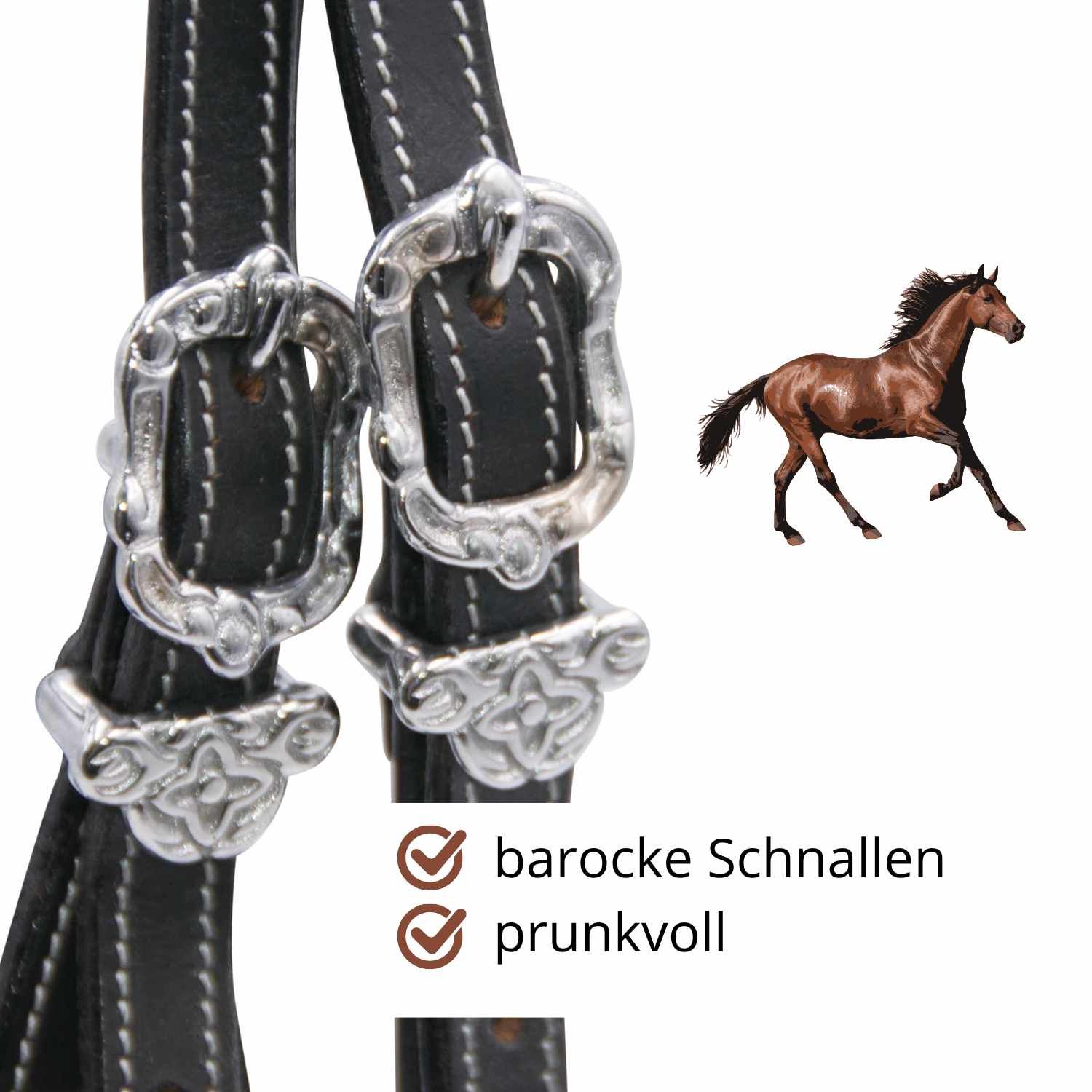 Nahaufnahme von zwei silberfarbenen barocken Schnallen an einer schwarzen Trense. Rechts ein braunes Pferd. Text: barocke Schnallen.