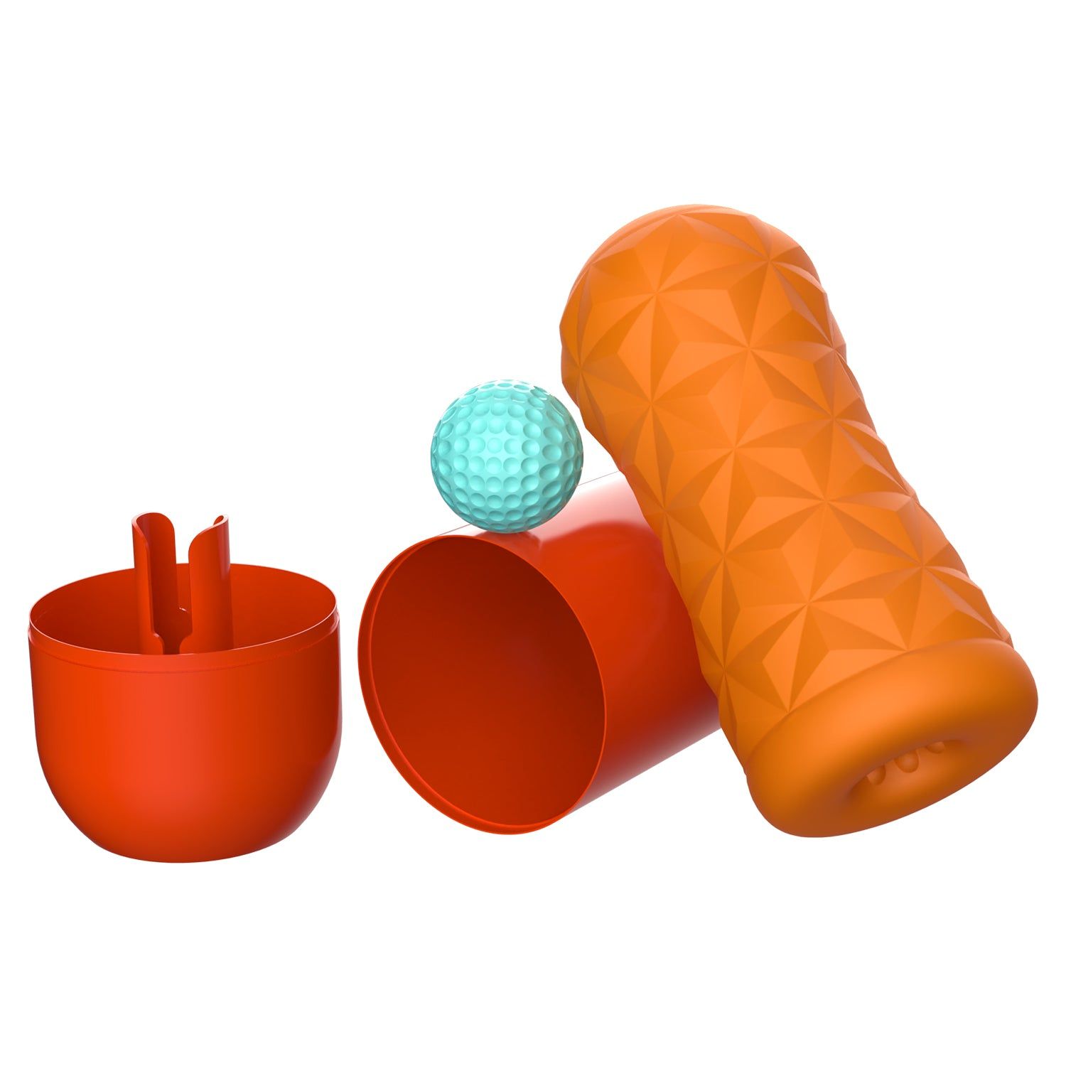 Drei Teile: roter Behälter, Masturbator, blauer Ball. Auf weißem Hintergrund.