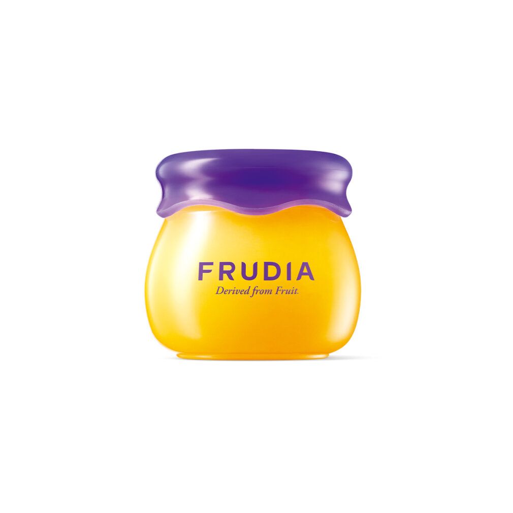 Frudia Blueberry Hydrating Honey Lip Balm in gelber Dose mit lila Deckel.