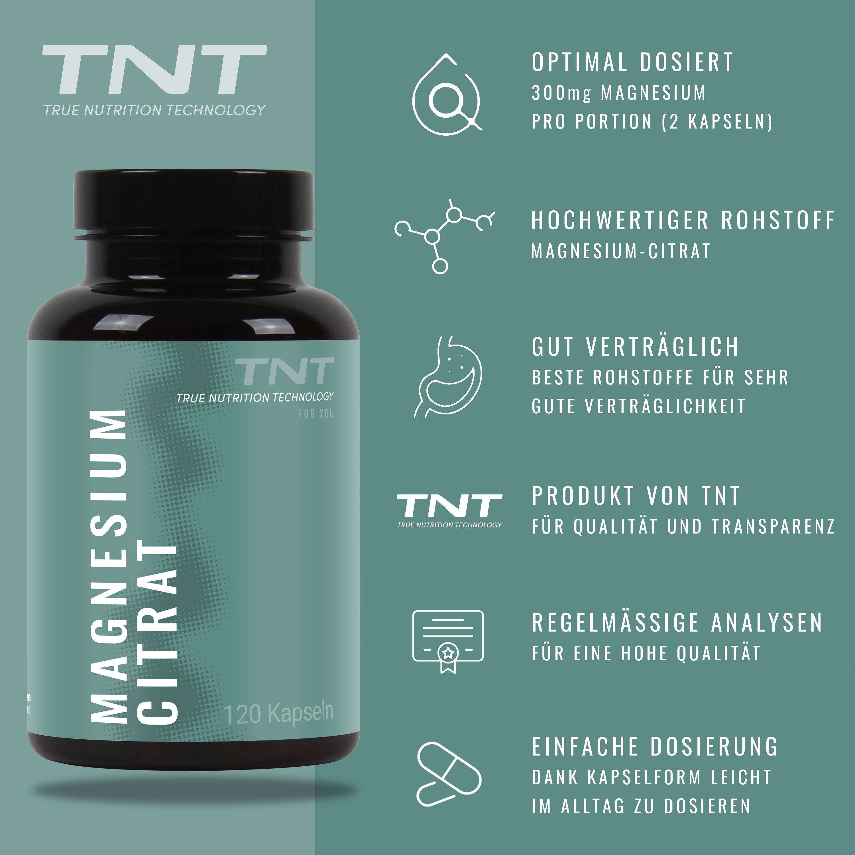 Magnesium Citrat Flasche mit Icons. Text: Optimal dosiert, hochwertige Rohstoffe, gut verträglich, Produkt von TNT, einfache Dosierung.