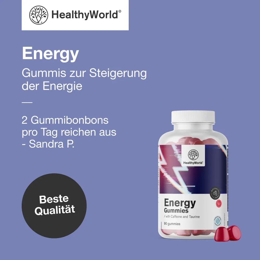 Flasche mit 90 Energy Gummis, rot, mit Koffein und Taurin. "Beste Qualität" Siegel.