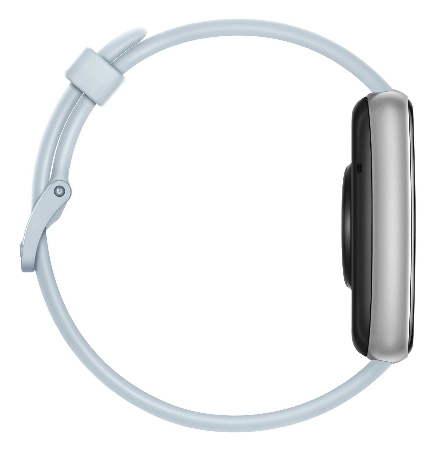 Hellblaue Smartwatch, Seitenansicht. Rechteckiges Gehäuse, silberfarben. Hellblaues Armband. Seitlich ein Knopf.