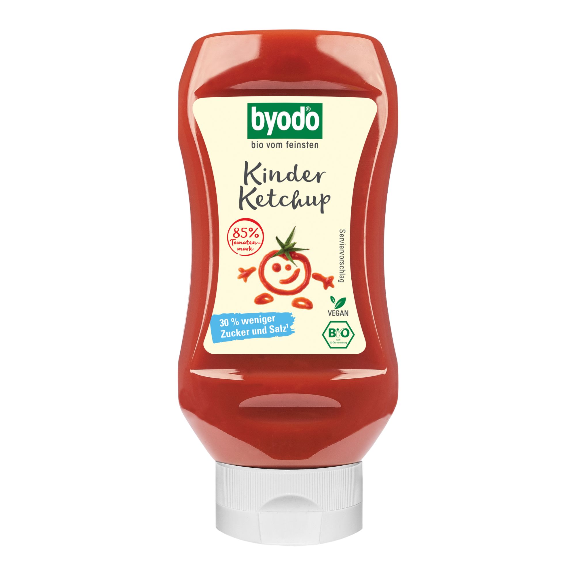 Byodo Kinder Ketchup Flasche mit 85% Tomatenanteil. Bio-Siegel und veganes Logo sichtbar.