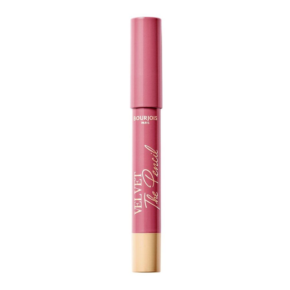 Rosafarbener Lippenstiftstift. Aufschrift: VELVET The Pencil, Bourjois Paris. Goldfarbener Boden.