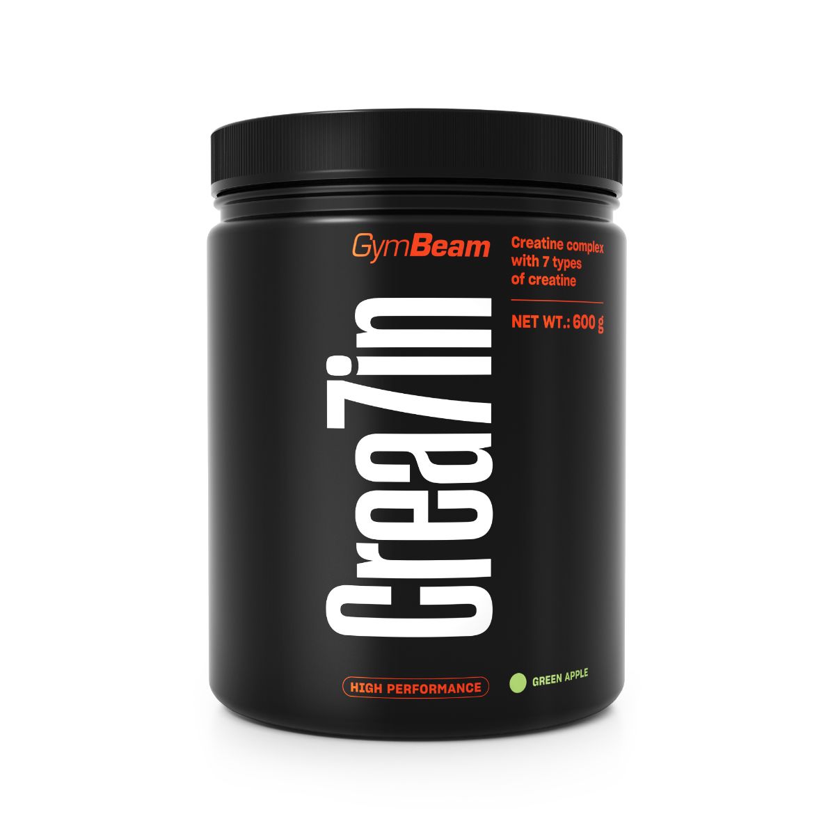 GymBeam Crea7in Kreatin-Komplex Pulver in grünem Apfelgeschmack, 600g Dose.
