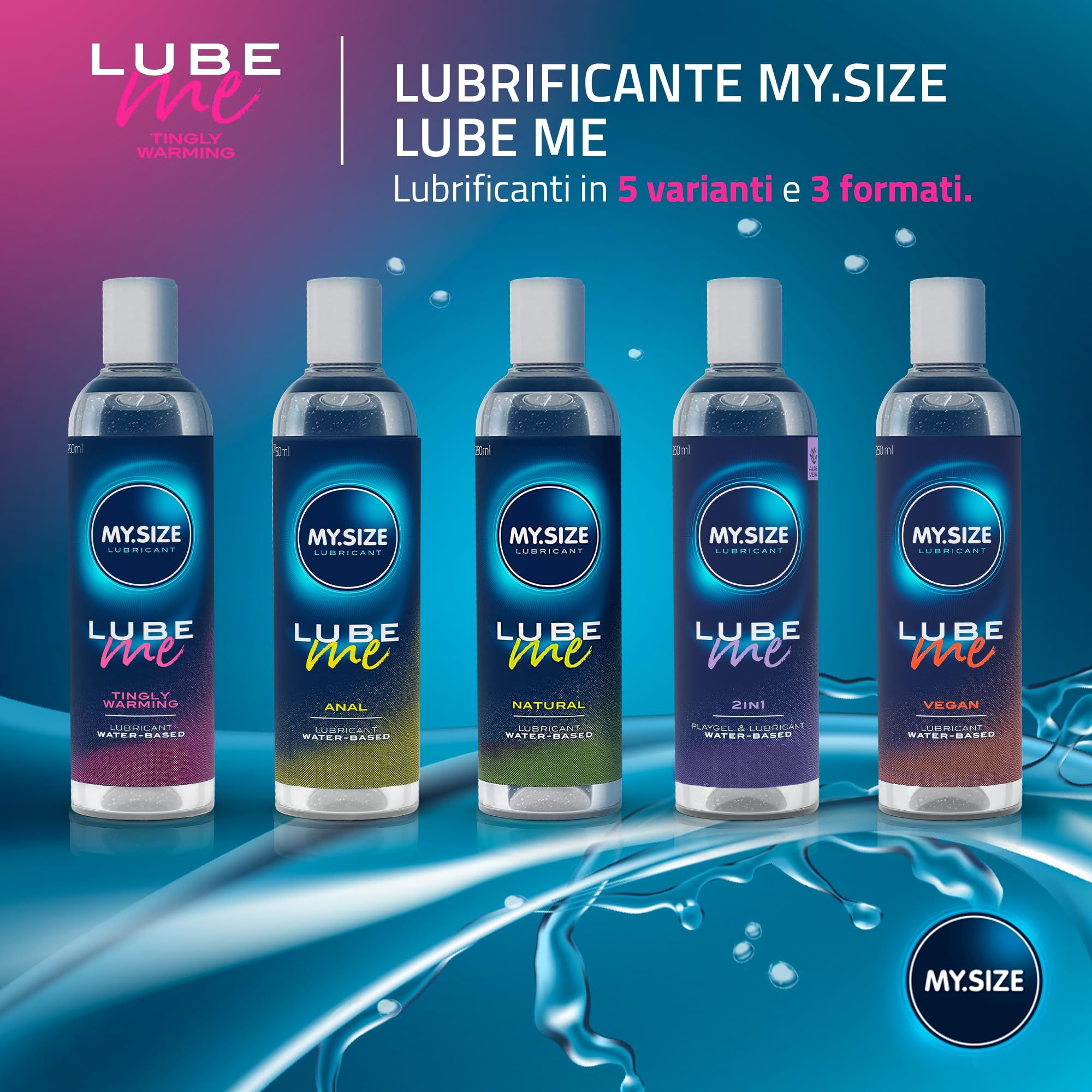 Fünf MY.SIZE Lube Me Gleitgele: Tingly Warming, Anal, Natural, 2-in-1, Vegan.