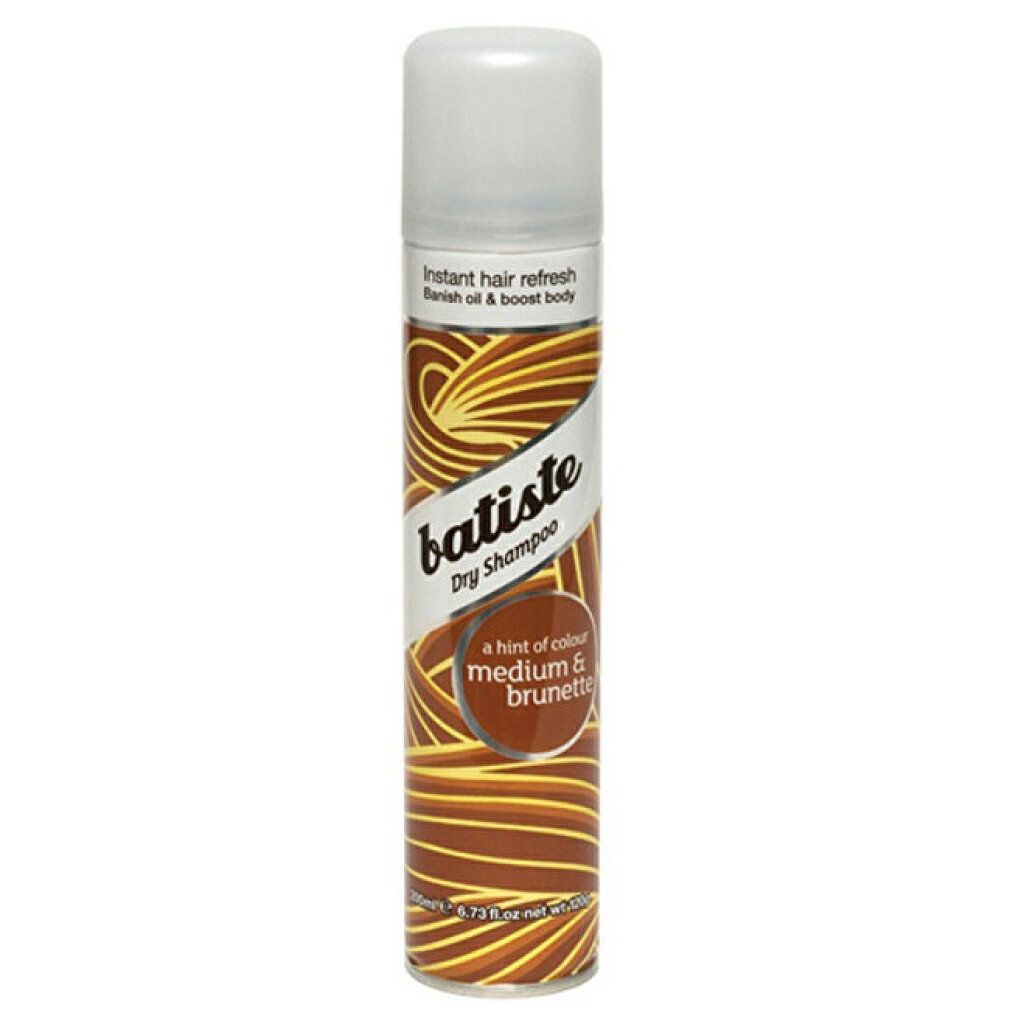 Trockenshampoo-Spraydose. Marke Batiste. Mittelbraun & brünett. Braune Farbtöne. Text: A hint of colour.