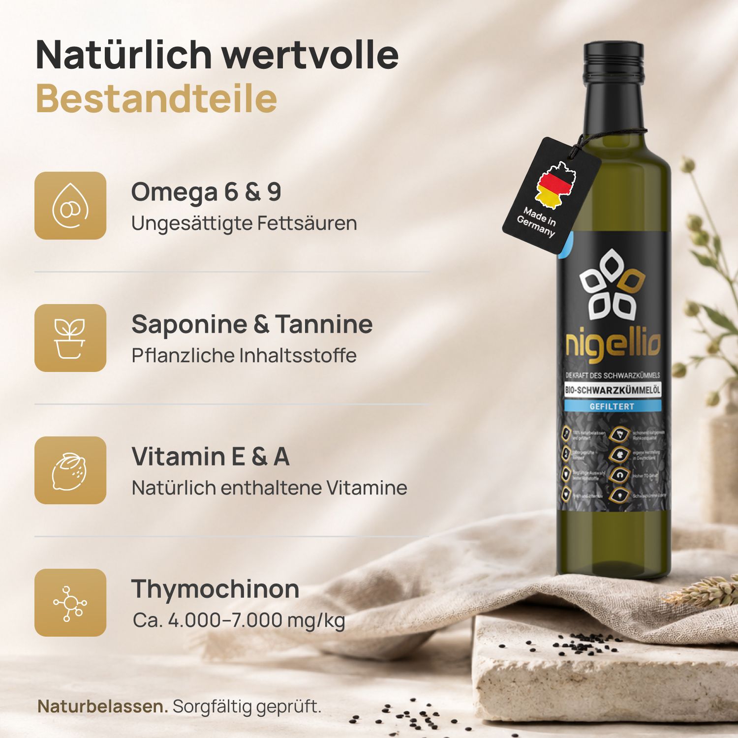 Nigellio Bio-Schwarzkümmelöl gefiltert kaltgepresst aus ägyptischer Nigella sativa