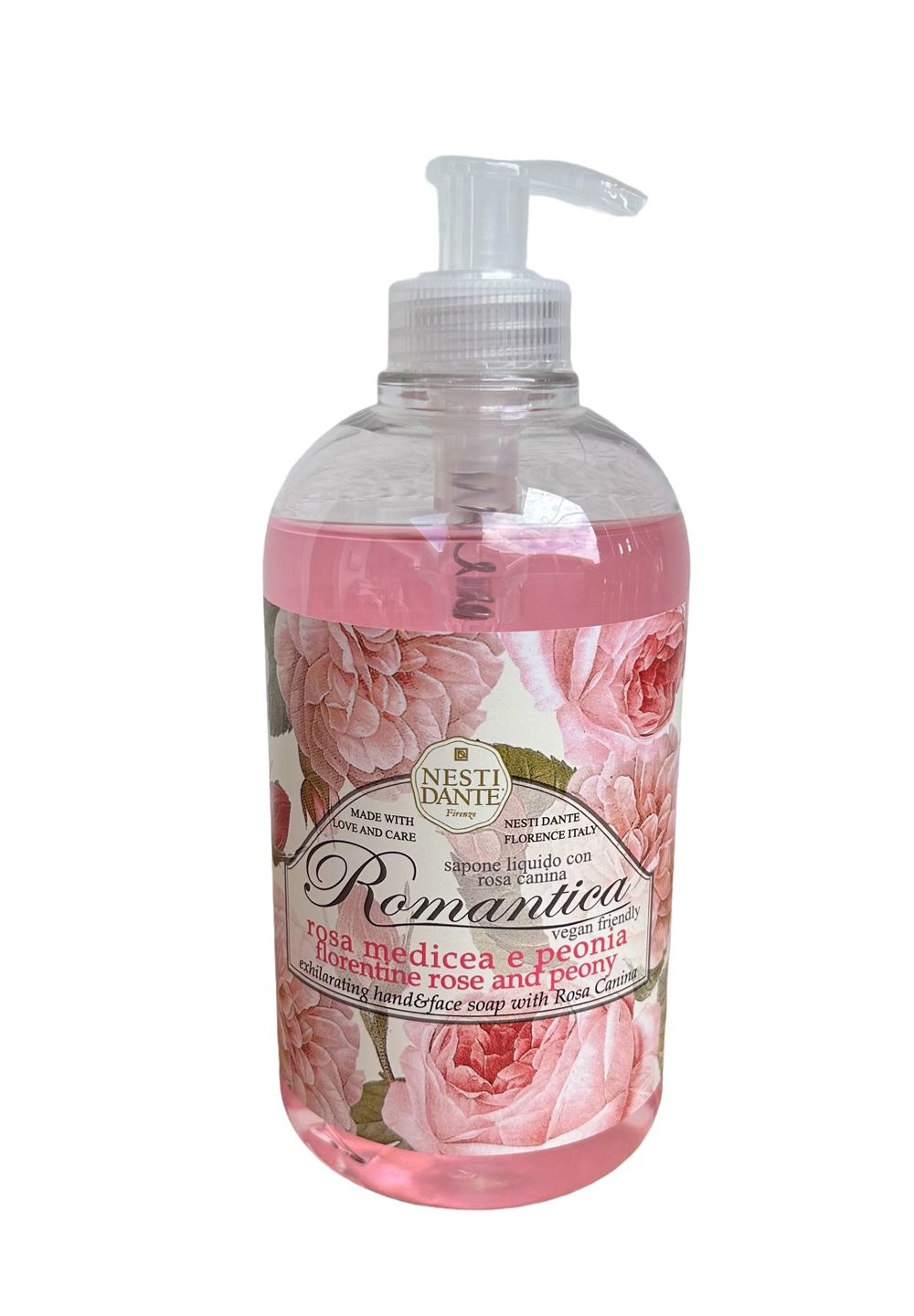 Transparente Flasche mit rosa Flüssigseife und Spender. Etikett mit Blumenmuster und Schriftzug "Romantica".