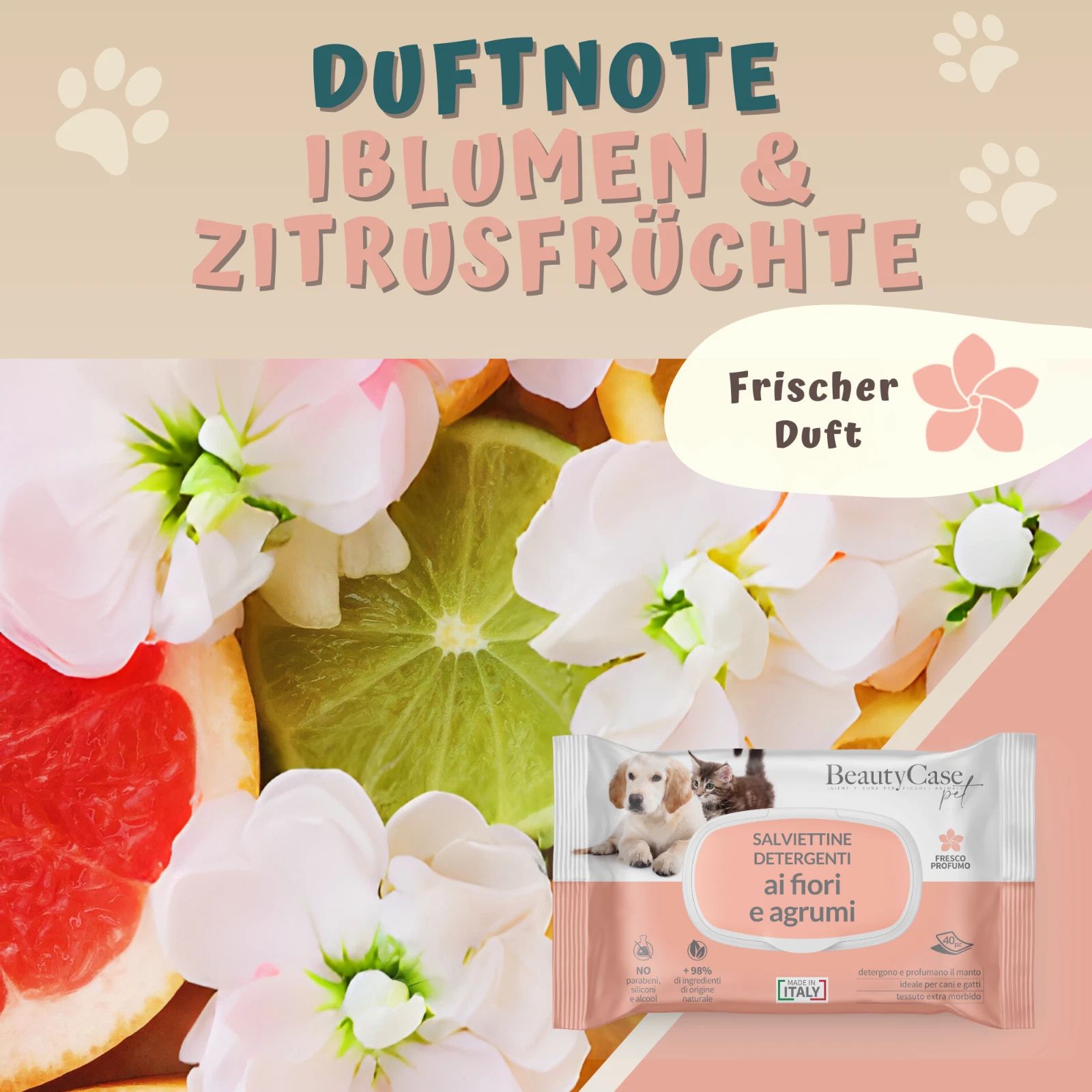 Salviette Detergenti ai fiori e agrumi. Frischer Duft. Abbildung von Blüten, Zitrusfrüchten und Produktverpackung.
