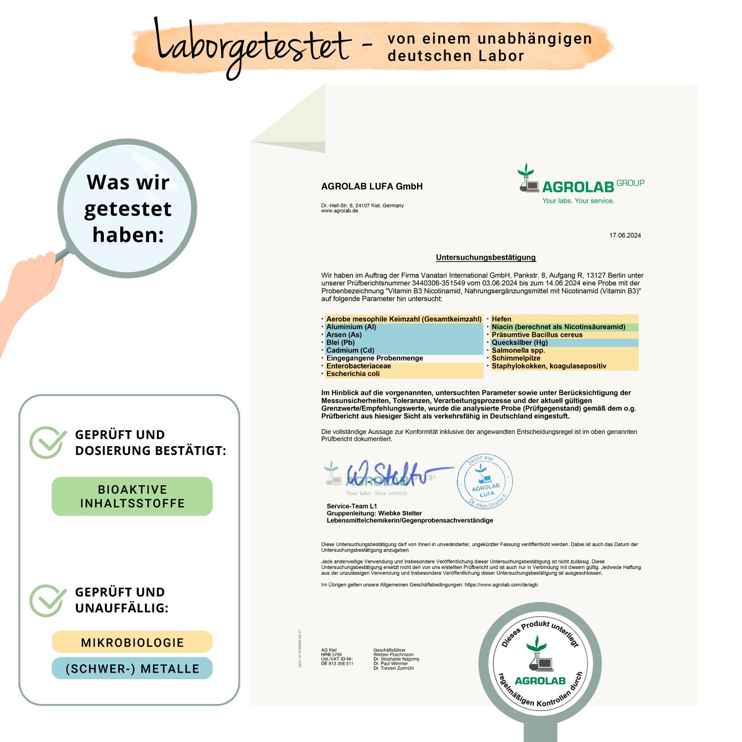 Laborbericht von AGROLAB LUFA GmbH. Bestätigung der Bioaktiven Inhaltsstoffe und Mikrobiologie. Logo AGROLAB.