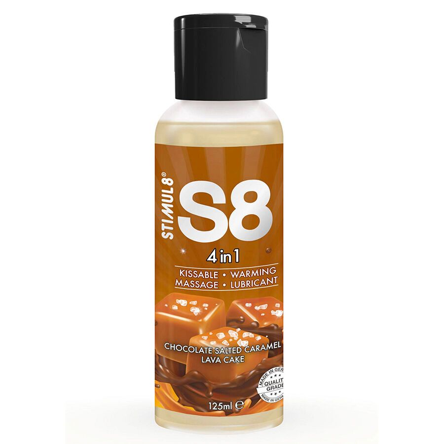 Flasche mit schwarzem Deckel. Aufschrift S8 4 in 1, darunter „KISSABLE, WARMING, MASSAGE, LUBRICANT“. Abbildung von Karamell. 125ml.