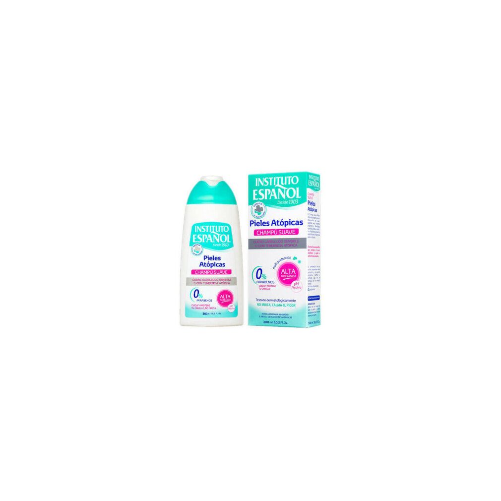 Shampoo und Verpackung. Aufschrift: Instituto Español, Pieles Atópicas, Champú Suave. pH-neutral. Ohne Parabene, Farbstoffe, Silikone, Triclosan.