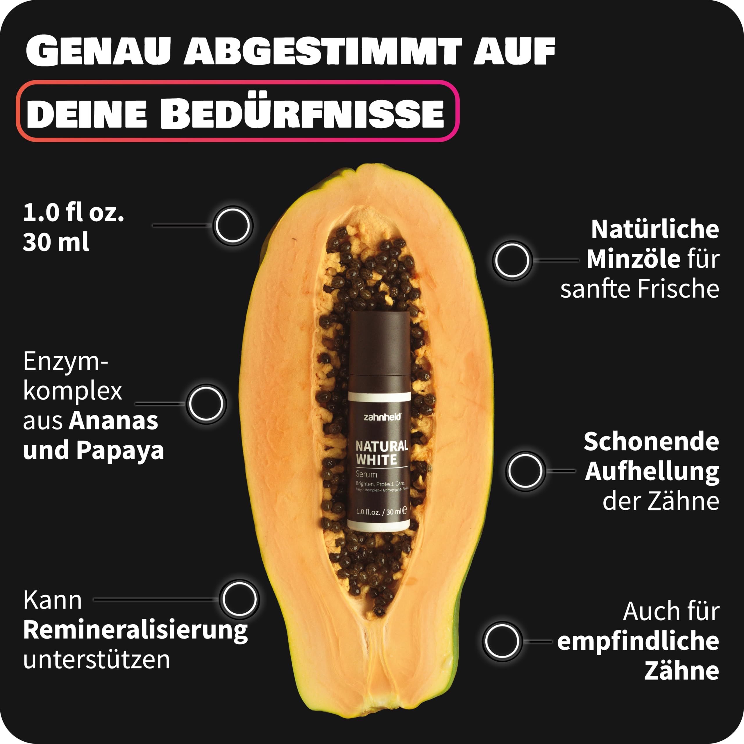 Zahnheld Natural White Serum in einer halbierten Papaya.