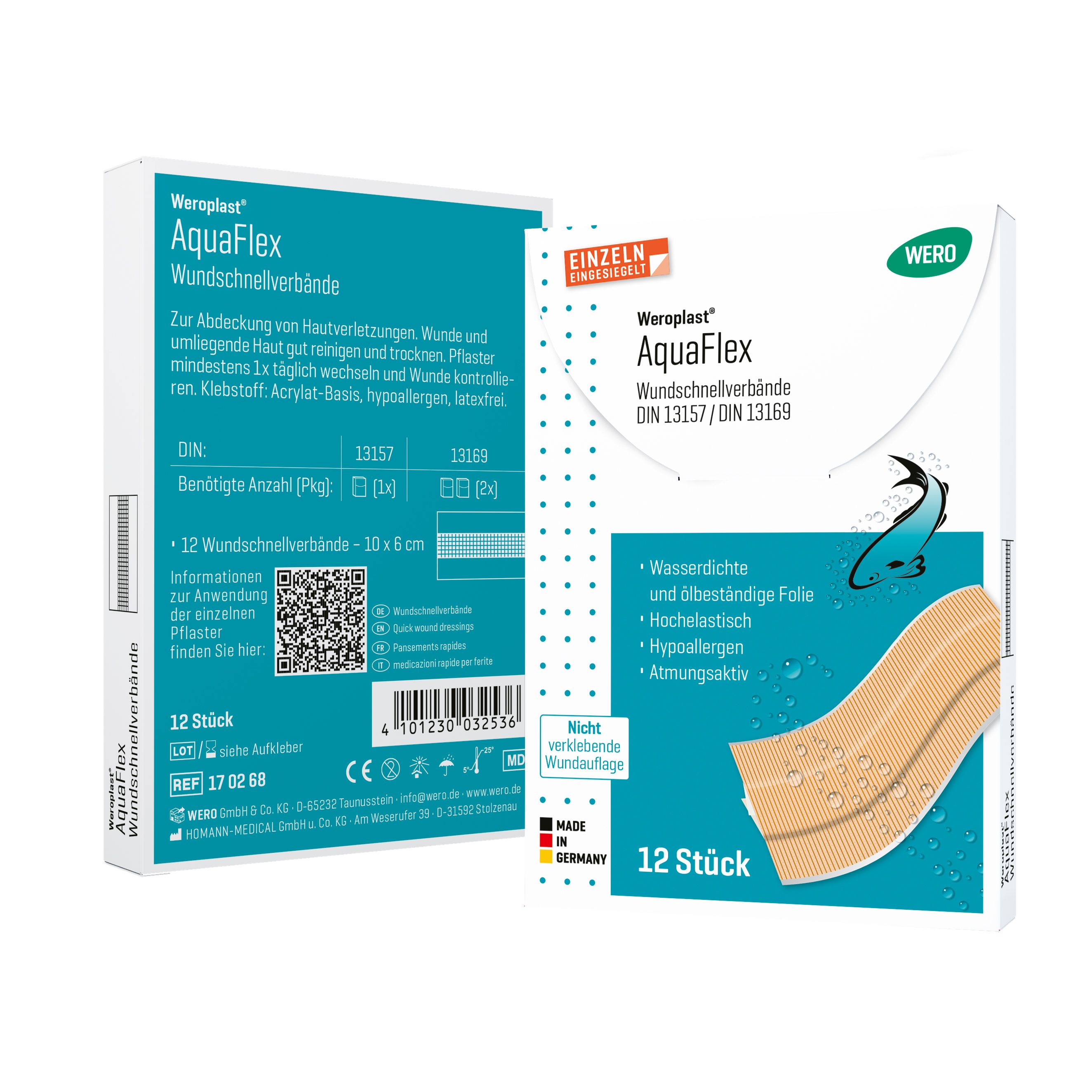WERO Weroplast AquaFlex Wundschnellverbände Packung. Produktname, Eigenschaften, 12 Stück. Rückseite mit Informationen und QR-Code.