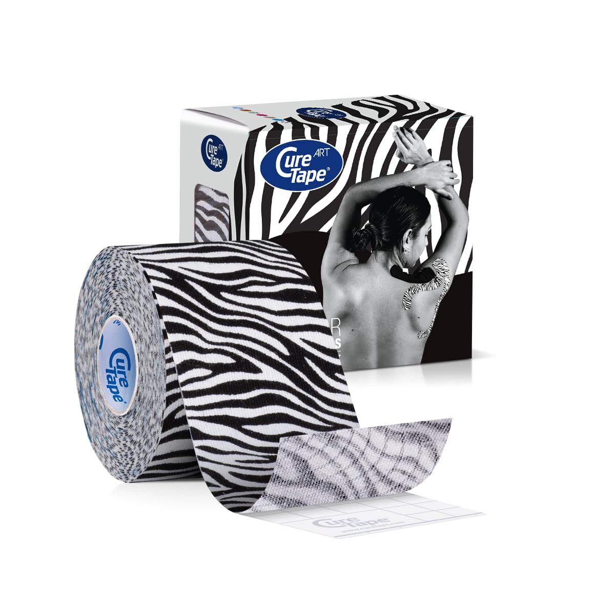 Rolle Zebra-Kinesiologie-Tape mit Verpackung. Aufdruck: Frau mit Tape am Rücken.