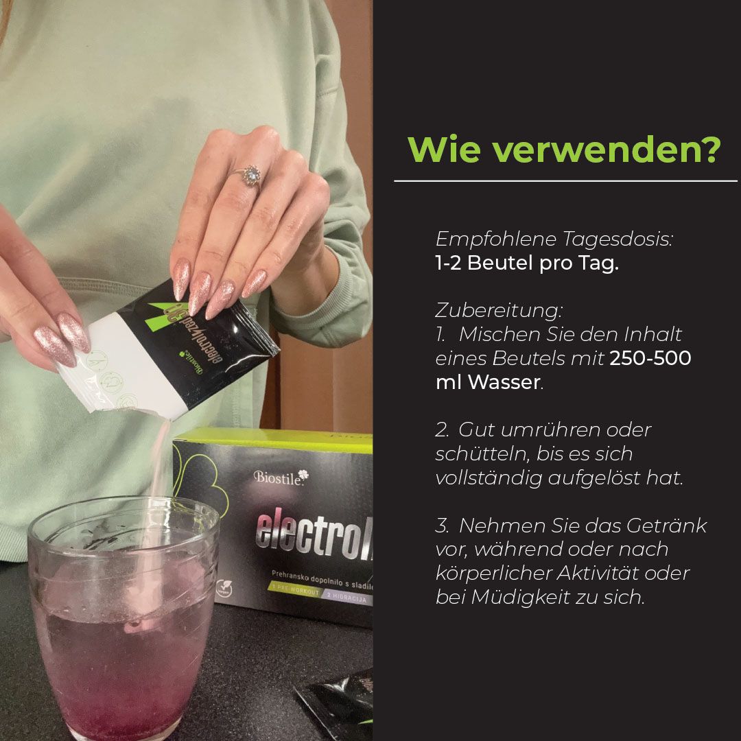 Biostile Electrolyzed30 Elektrolyt-Pulver Schachtel mit Darstellung der Vorteile: Hydratation, Energie, Regeneration.