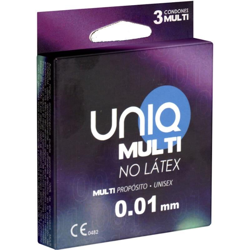 Verpackung mit "UNIQ MULTI"-Logo und "0.01 mm"-Angabe. Enthält 3 Kondome. Mit CE-Kennzeichnung.