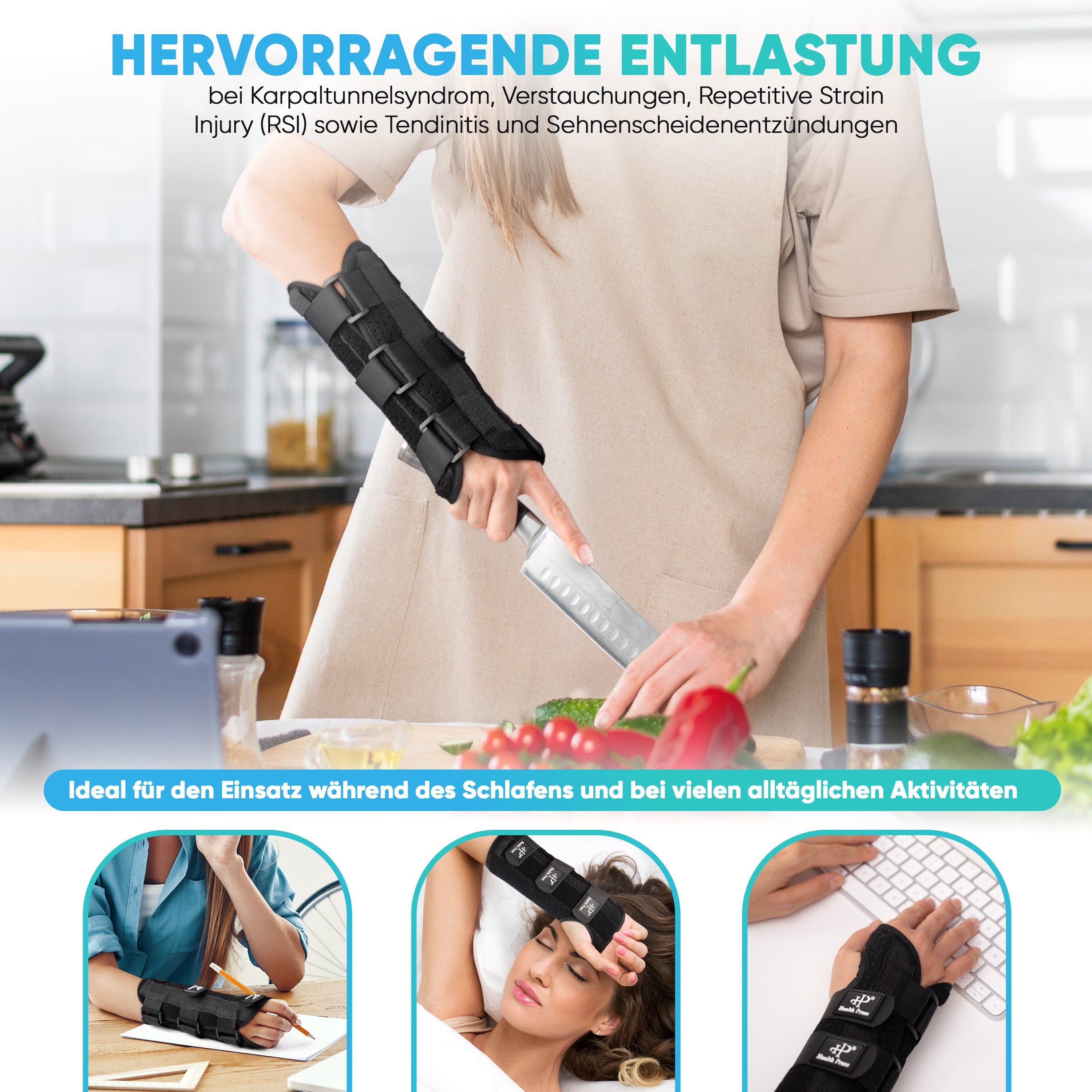 Frau schneidet Gemüse mit Handgelenkbandage. Weitere Bilder zeigen Anwendung beim Schreiben, Schlafen und Tippen.