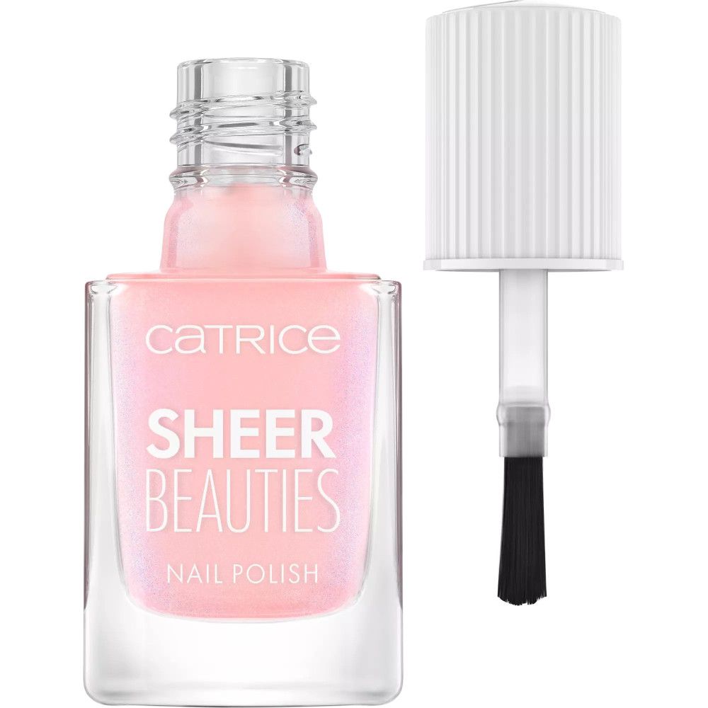 Catrice Sheer Beauties Nagellack, rosa. Flasche geöffnet, Pinsel sichtbar. Produktname und Marke sind deutlich erkennbar.