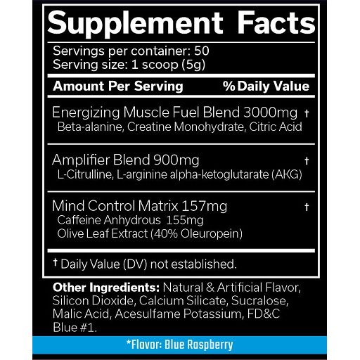 Supplement Facts Etikett mit Nährwertangaben für JNX Sports The Curse! Blue Raspberry.