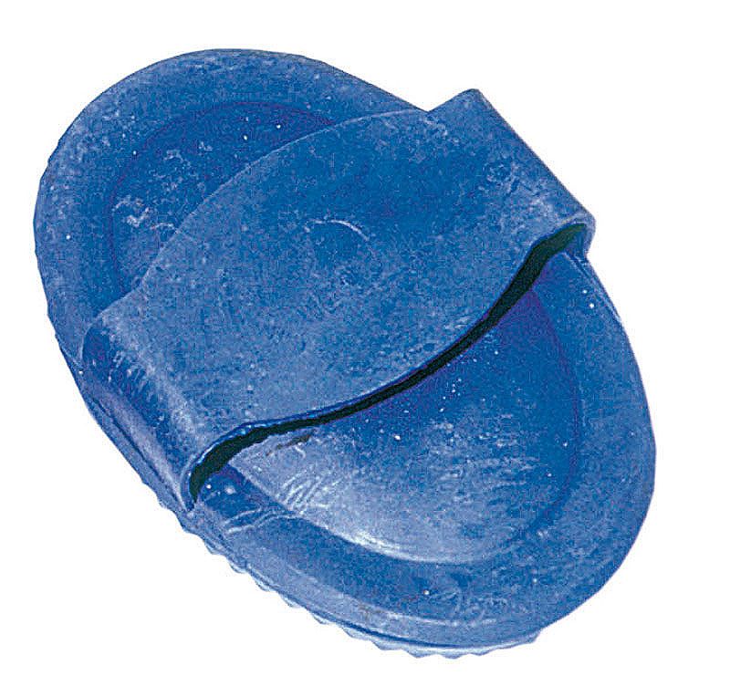 Blauer, ovaler Gummistriegel mit Griffschlaufe. Unterseite mit Noppen.