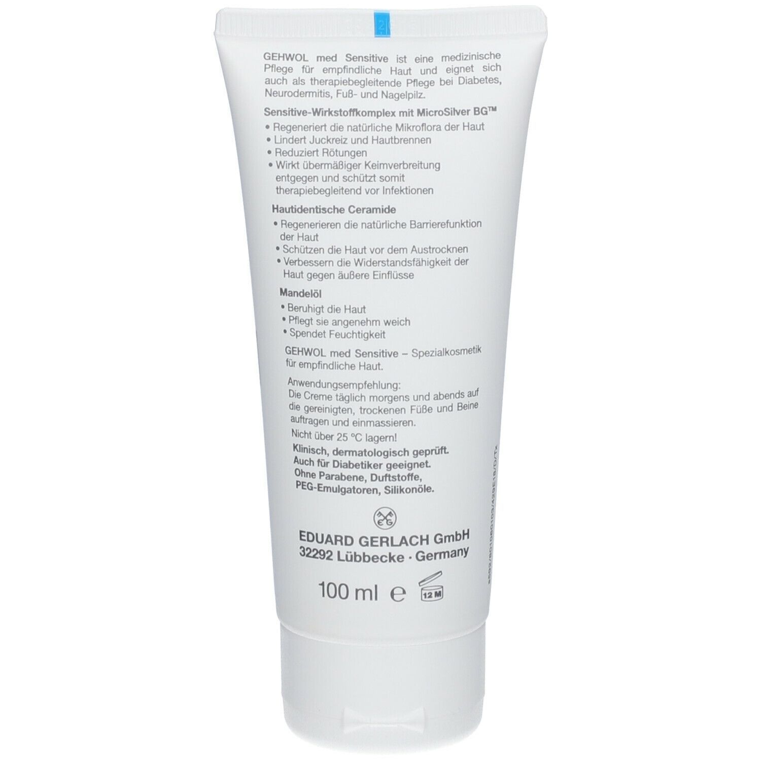 GEHWOL med Sensitive Creme. Tube. Weiß. Text: Sensitive, 100 ml. Hersteller: EDUARD GERLACH GmbH.