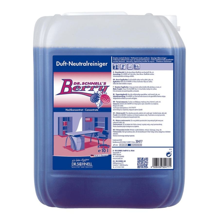 Blau-transparenter Kanister mit Aufschrift "Dr. Schnell's Berry". Enthält Reinigungsmittel. Aufschrift "Duft-Neutralreiniger".