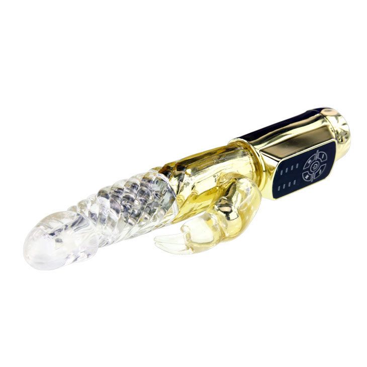 Goldfarbener Vibrator mit transparentem Kopf und Hasenohren. Auf weißem Hintergrund.