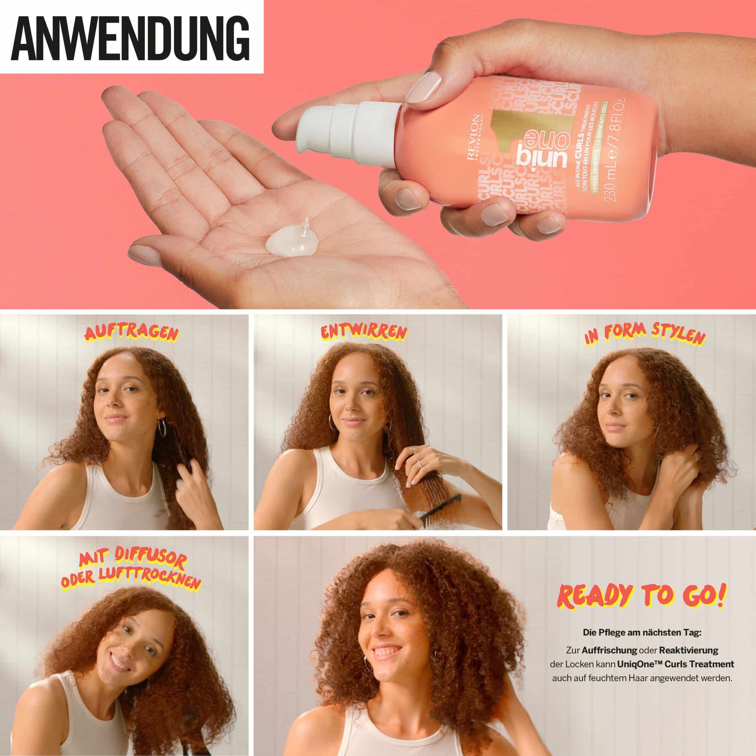 Anwendungsschritte. Frau mit Locken. Auftragen, entwirren, stylen. Mit Diffusor oder lufttrocknen.