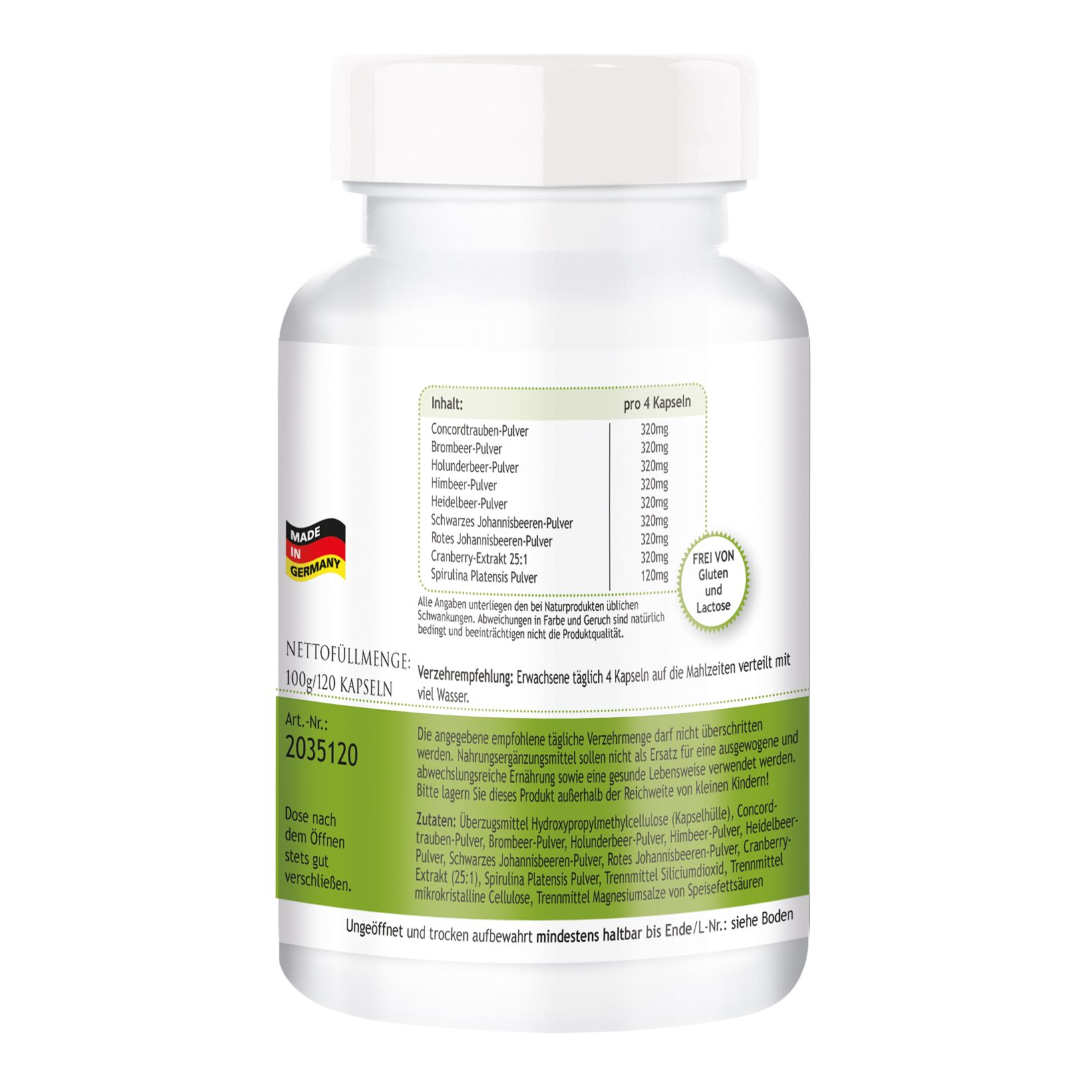 Rückseite einer weißen Flasche. Etikett mit Inhaltsangaben und Nährwertangaben. Text: Made in Germany. 120 Kapseln. Frei von Gluten und Laktose.