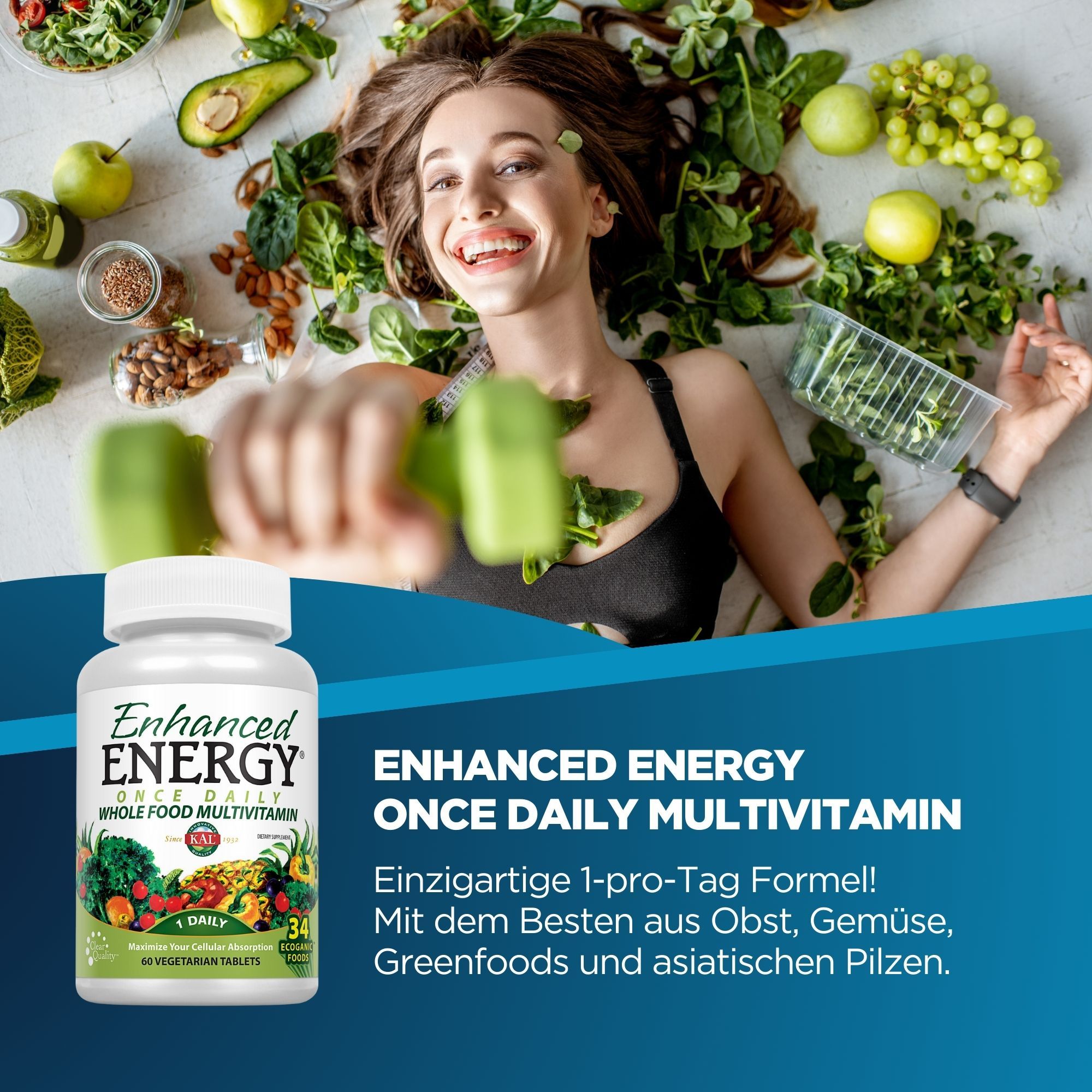 Weiße Flasche mit „Enhanced Energy“ Multivitamin. Frau mit Gemüse. Text: „Einzigartige 1-pro-Tag Formel!“.