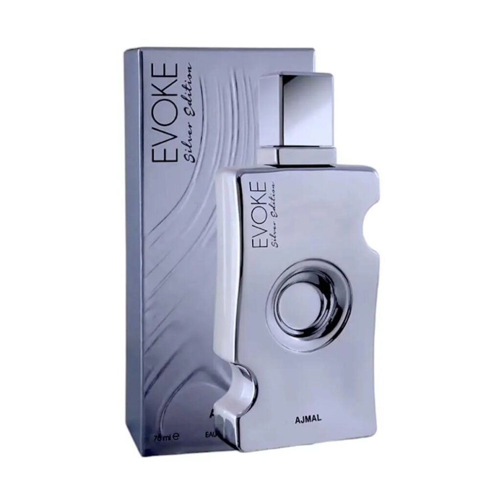Silberfarbener Flakon und Verpackung. Aufschrift: EVOKE Silver Edition, AJMAL. Flakon mit Aussparungen.