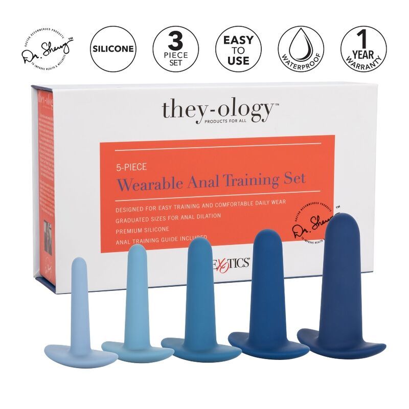 Verpackung mit 5 Anal-Trainings-Stöpseln in verschiedenen Blautönen. Enthält Produktnamen, Marke und Text.